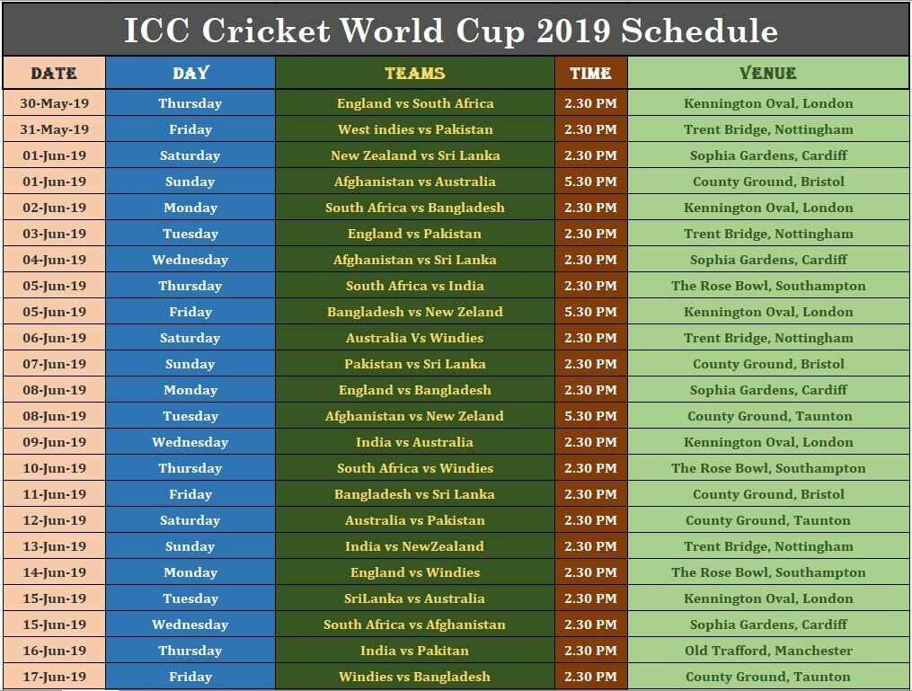 ICC Cricket World Cup 2019 Schedule PDF HD Image ICC Cricket World Cup 2019 Schedule PDF HD Image Download